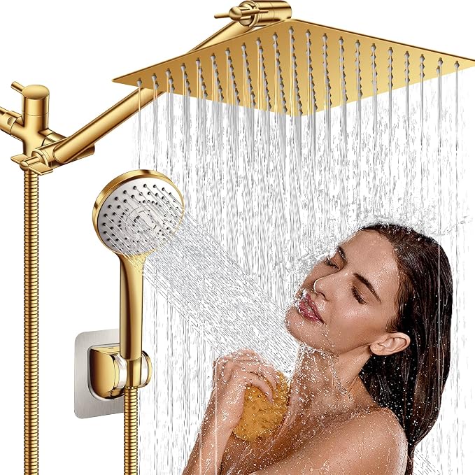 10" Gold Shower Head with Handheld, 5 Spray Handheld with 11" Extension Arm | High Pressure Rainfall Shower Head/Handheld Shower Combo with Adjustable Arm, 60" Hose Anti-leak (Gold)