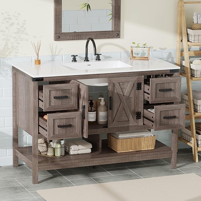 AMERLIFE 48” Farmhouse Bathroom Vanity with Sink, Freestanding Cabinet with 4 Drawers, Double Barn Doors & Open Shelf, Rustic Storage for Master or Family Bathroom, Light Gray