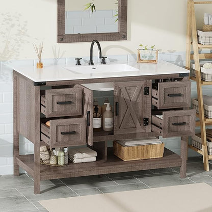 AMERLIFE 48” Farmhouse Bathroom Vanity with Sink, Freestanding Cabinet with 4 Drawers, Double Barn Doors & Open Shelf, Rustic Storage for Master or Family Bathroom, Light Gray