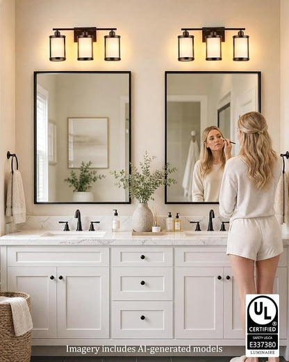3-Light Oil Rubbed Bronze Bathroom Light Fixtures Over Mirror with Frosted Milk Glass and Metal Cage Shade, 21" UL-Listed Modern Farmhouse Wall Sconce for Bath, Hardwire E26, OS-3014ORBW-3W