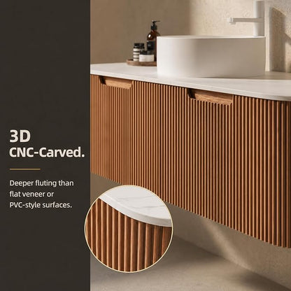 48 Inch Bathroom Vanity with Sink, Floating Wall Mounted Single Sink Vanity, Natural Woodgrain Curved Fluted Front, Stone Top, Pure White Round Vessel Basin, Pre-Assembled