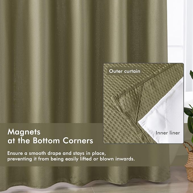No Hook Shower Curtain with Snap-in Liner, Embossed Waffle Design Fabric Shower Curtain for Bathroom, Soft & Lightweight, 71x74, Taupe