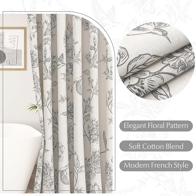 MitoVilla Long Grey Cotton Shower Curtain for Bathroom,72 x 78 | Long BoHo Cottagecore Hummingbird Spring Shower Curtains, Modern Farmhouse Country Floral Bathroom Décor, 72 x 78