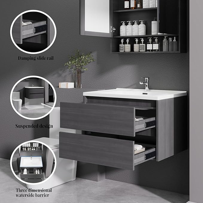 Grey Floating Bathroom Vanity with Sink, 31x18 Inch Wall Mounted Bathroom Cabinet with 2 Drawers, Modern Single Sink Vanity for Small Bathroom, Space-Saving Storage Cabinet