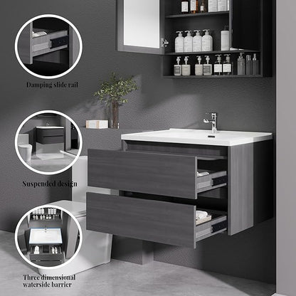 Grey Floating Bathroom Vanity with Sink, 31x18 Inch Wall Mounted Bathroom Cabinet with 2 Drawers, Modern Single Sink Vanity for Small Bathroom, Space-Saving Storage Cabinet