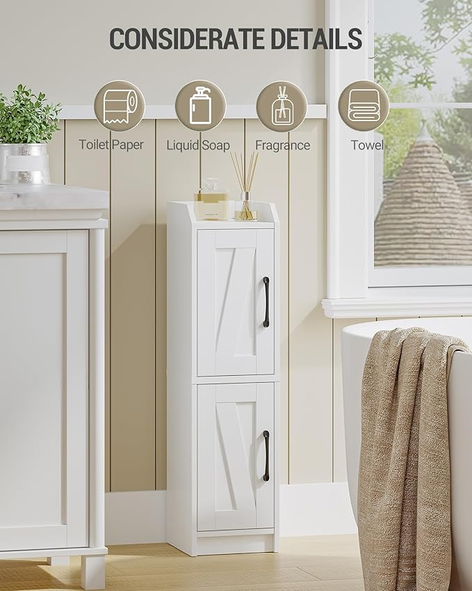 Bathroom Storage Cabinet, Small Corner Floor Cabinet with Door and Shelves, Narrow Bathroom Organizer and Paper Storage with Adjustable Shelves, for Small Spaces, White BC27013X