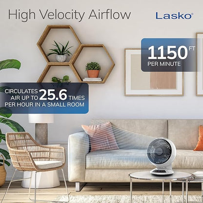 Lasko Whirlwind Orbital Motion Air Circulator Table Fan, 3 Speeds, Timer, Dark Mode, Remote Control for Small and Medium Sized Rooms, White, A12557