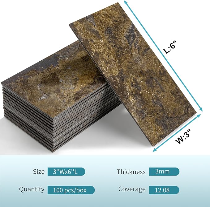 Vamos Tile 100 Pieces Peel and Stick Backsplash Tiles, 3" x 6" PVC Subway Tile, Rust Slate Stick on Backsplash Tiles for Kitchen/Bathroom/Fireplace/Laundry/Camper