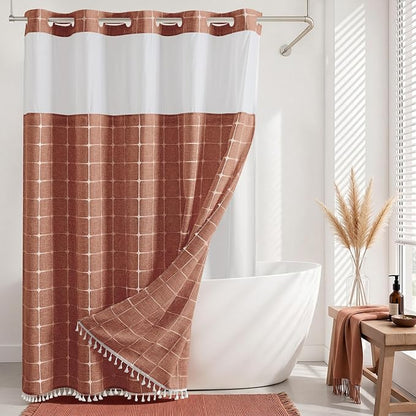 RiverDream Farmhouse No Hook Shower Curtain with Snap-in Liner,Orange,71x74 | Snap on Fabric Liner,Heavy Duty,Quick Dry,Mesh Top Window,With Bottom Magnets,Washable,with Tassels,Standard Size