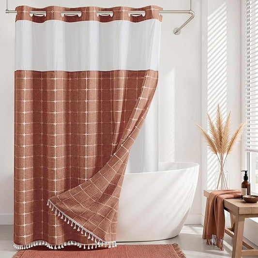 RiverDream Farmhouse No Hook Shower Curtain with Snap-in Liner,Orange,71x74 | Snap on Fabric Liner,Heavy Duty,Quick Dry,Mesh Top Window,With Bottom Magnets,Washable,with Tassels,Standard Size