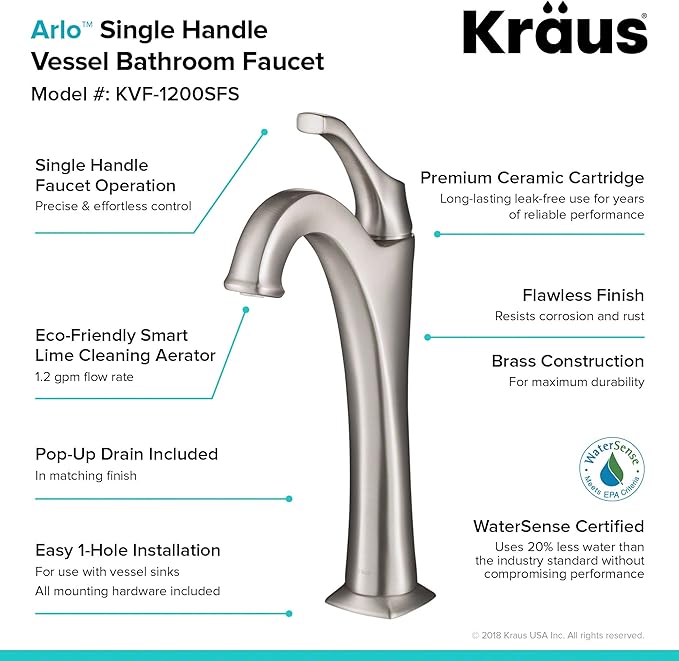 Kraus KVF-1200SFS Arlo Bathroom Faucet, Spot Free Stainless Steel