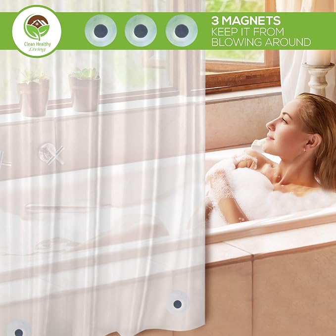 Clean Healthy Living PEVA Shower Curtain Liner, Frost, 96 x 71 in, Premium | Premium PEVA shower liner, Frost, 96 x 71 in; magnets and suction cups help reduce shifting along the tub or shower.
