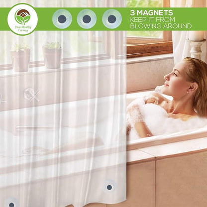 Clean Healthy Living PEVA Shower Curtain Liner, Frost, 96 x 71 in, Premium | Premium PEVA shower liner, Frost, 96 x 71 in; magnets and suction cups help reduce shifting along the tub or shower.