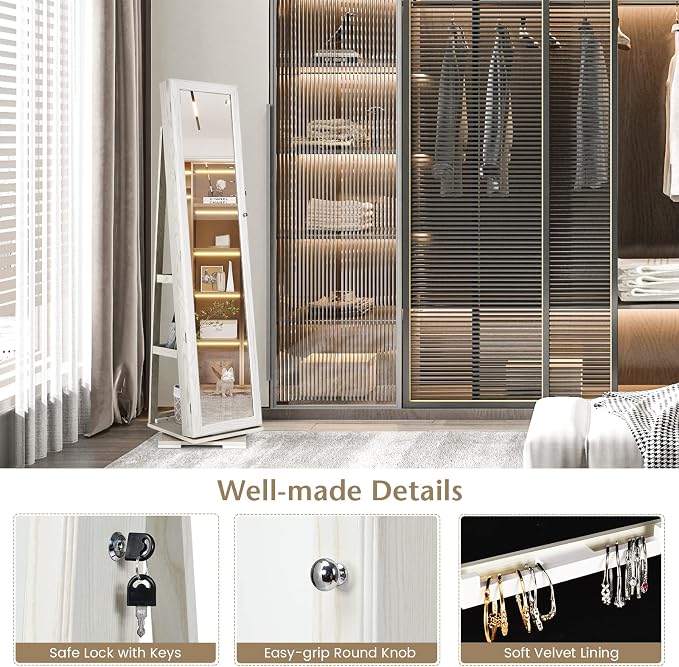 COSTWAY 360 Rotating Jewelry Armoire Cabinet, Standing Jewelry Organizer w/Full-Length Mirror & Large Storage Space, Lockable Mirror Jewelry Cabinet for Girls Women (White)