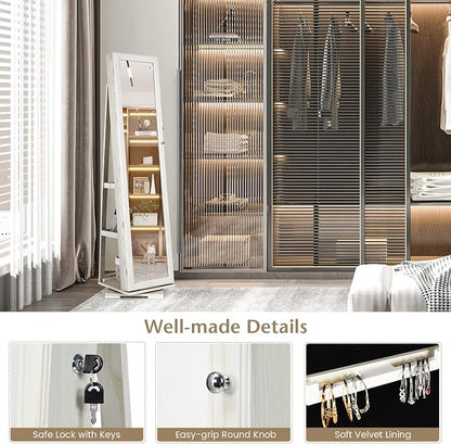 COSTWAY 360 Rotating Jewelry Armoire Cabinet, Standing Jewelry Organizer w/Full-Length Mirror & Large Storage Space, Lockable Mirror Jewelry Cabinet for Girls Women (White)