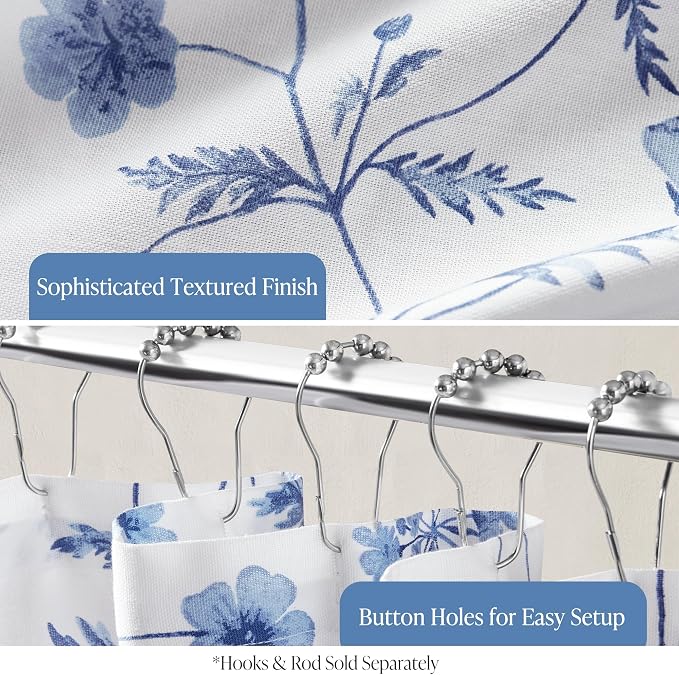Martha Stewart Cotton Floral Extra Long Shower Curtain, 72 x 72, Blue | Martha's Garden Series, Botanical Floral Print, Spa Quality Modern, Machine Washable, Modern Bathroom Curtains