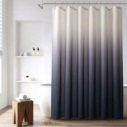 Navy Blue Linen Shower Curtain, Rustic Boho Farmhouse Style Bath Curtains for Bathroom, Cotton Blend Water Resistant Fabric Ombre Shower Curtain with Stainless Steel Hooks, 72 x 78 Inch