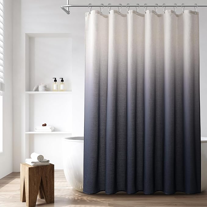 Ombre Navy Blue Linen Shower Curtain, Rustic Boho Farmhouse Style Bath Curtains for Bathroom, Cotton Blend Water Resistant Fabric Shower Curtain with Stainless Steel Hooks, 72 x 84 Inch