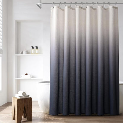 Ombre Navy Blue Linen Shower Curtain, Rustic Boho Farmhouse Style Bath Curtains for Bathroom, Cotton Blend Water Resistant Fabric Shower Curtain with Stainless Steel Hooks, 72 x 84 Inch