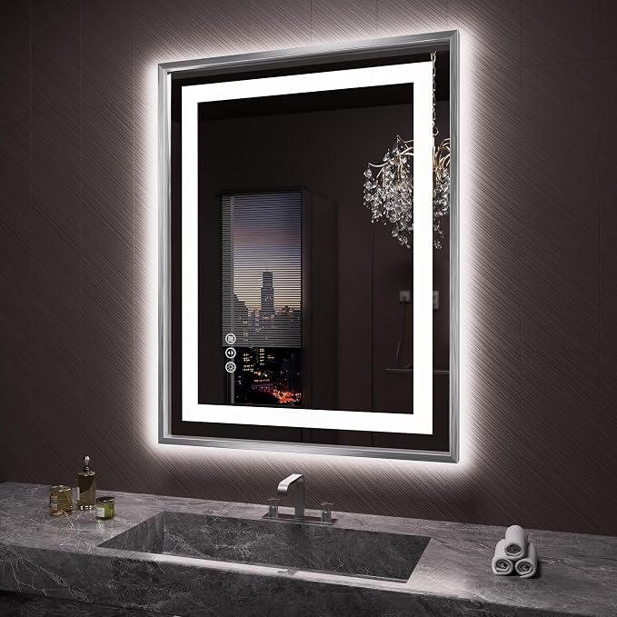 LED Bathroom Mirror 28"X36", Front Light and Backlit(Brushed Silver) | Metal Framed Mirror, Stepless Dimmable, Anti-Fog, HD Reflection, Shatter-Proof, Memory, 3 Colors, Double LED Vanity Mirror.