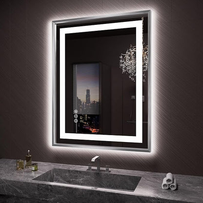 LED Bathroom Mirror 28"X36", Front Light and Backlit(Brushed Silver) | Metal Framed Mirror, Stepless Dimmable, Anti-Fog, HD Reflection, Shatter-Proof, Memory, 3 Colors, Double LED Vanity Mirror.