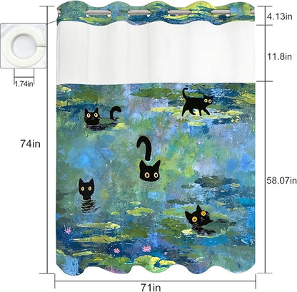 Accnicc Cute Cat No Hook Shower Curtain with Snap in Liner 71×74 Inch | Funny Fun Cool Cats Monet Hookless Shower Curtains, Water lilies Bath Curtain Decor, Waterproof Washable Polyester Fabric