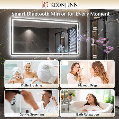 Keonjinn 36" x 36" Lighted Mirrors for Bathroom Wall, Frontlit & Backlit | Bluetooth Speaker, LED Mirror for Bathroom, HD Tempered Glass, Stepless Dimmable 3-Color Lights, Fast & Safe Defog CRI90+