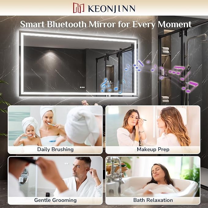 Keonjinn 32 x 36 Inch LED Bathroom Mirror with Lights, Frontlit & Backlit | Bluetooth Speaker, Bluetooth Mirror Bathroom, Stepless Dimmable 3-Color Lights, Tempered Glass, Fast & Safe Defogging, CRI90+
