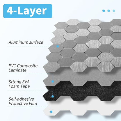 Art3d 10-Pack Metal Peel and Stick Backsplash Tile, Silver Hexagon | 12" x 12", Stainless Steel, Self Adhesive, Anti-Corrosion, Waterproof, Lightweight, Ideal for Kitchens, Bathrooms