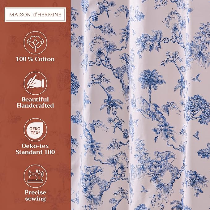 Maison d' Hermine Shower Curtain 100% Cotton One Panel 70"x72" Washable Fabric Shower Curtains for Bathroom, Easy Hanging with 12 Button Holes - Home Hotel Spa Easter Gifts (Bonobo - Blue)