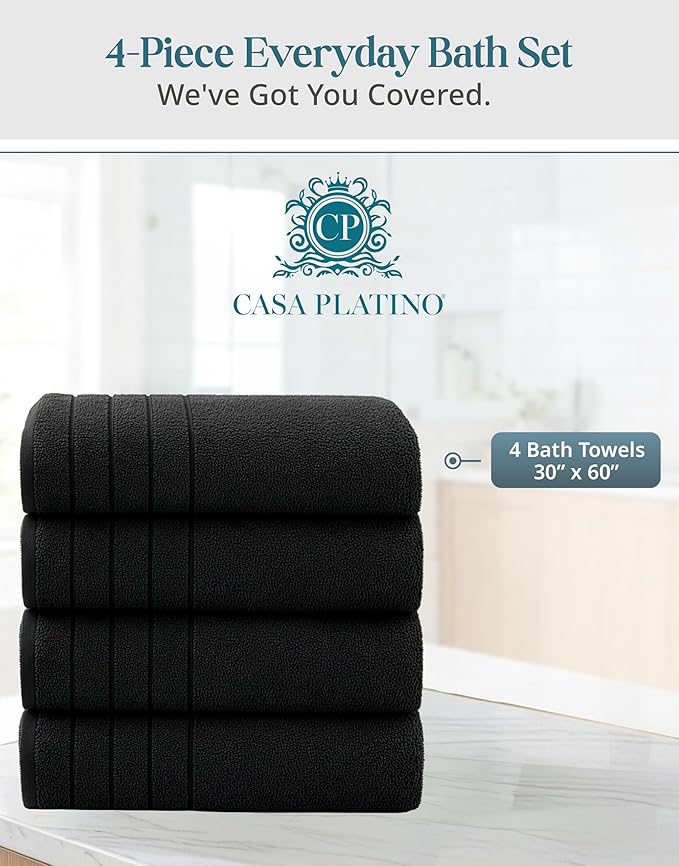 Casa Platino 100% Cotton Bath Towels 4 Pack (30"x60") - Ring Spun Mercerized Cotton Large Towel Set for Bathroom - Quick Dry, Soft & Absorbent Large Bath Towel Set - Oeko Tex Certified - Black Towels