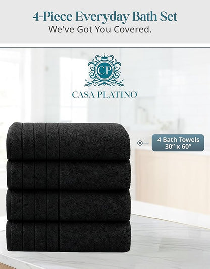 Casa Platino 100% Cotton Bath Towels 4 Pack (30"x60") - Ring Spun Mercerized Cotton Large Towel Set for Bathroom - Quick Dry, Soft & Absorbent Large Bath Towel Set - Oeko Tex Certified - Black Towels
