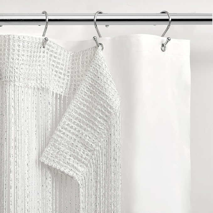 Lush Decor Night Sky String Thread Shower Curtain With PEVA Liner, 2 Piece Set, 72" W x 72" L, White - Silver String Shower Curtain and Liner Set - Shimmery Bath Curtain - Modern Glam Bathroom Decor