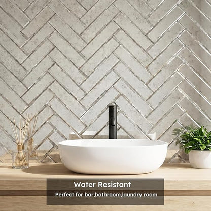 Peel and Stick Mirror Backsplash, Light Antique, 4x12 Inch, Beveled Mirror Subway Kitchen Bar Wall Tile (5 Sq.ft, 15 Pcs)