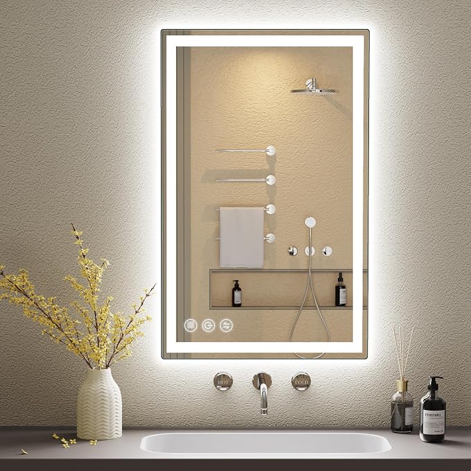 24" x 40" LED Bathroom Mirror with Lights, Memory Vanity Mirror | Anti-Fog, 3 Color Modes, Dimmable, Front Lit, Memory Function, Tempered Glass, Lighted Bathroom Mirror for Wall