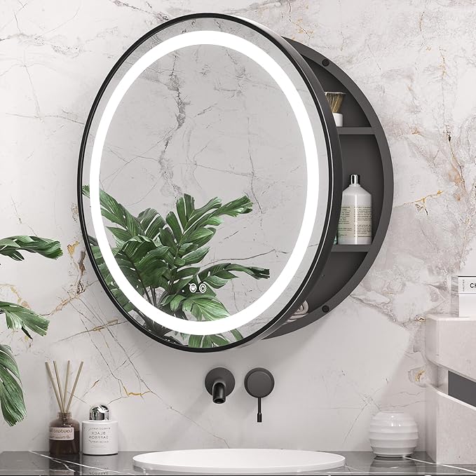 Keonjinn 26 Inch Round Medicine Cabinet with Lights, Black LED Bathroom Medicine Cabinet Mirror, Circle, Electrical Outlet, 3 Color Lights, Anti-Fog, Dimmable, Surface Mount Only