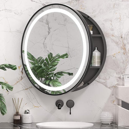 Keonjinn 26 Inch Round Medicine Cabinet with Lights, Black LED Bathroom Medicine Cabinet Mirror, Circle, Electrical Outlet, 3 Color Lights, Anti-Fog, Dimmable, Surface Mount Only