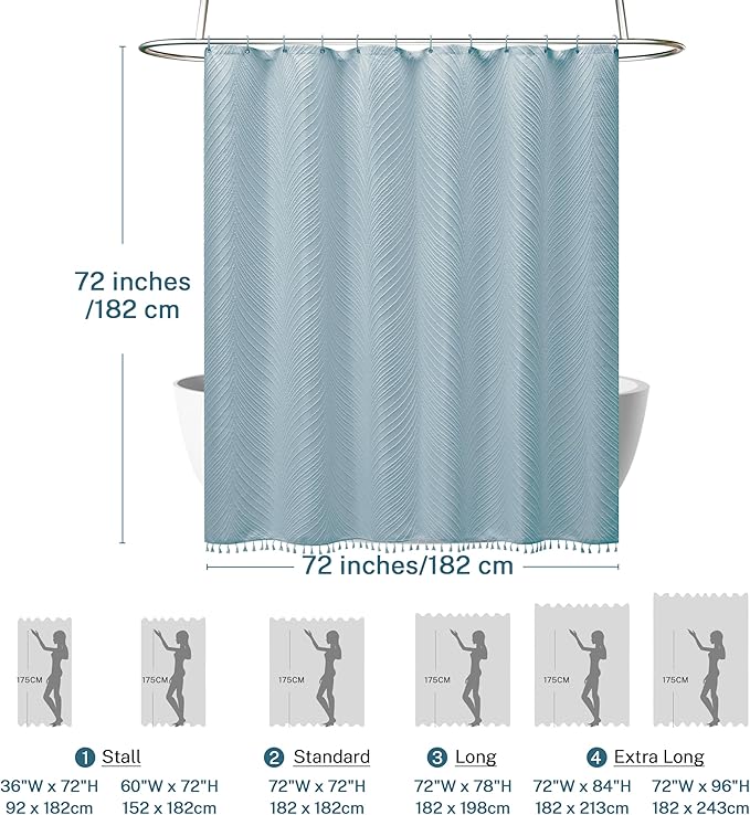 Fog Blue Boho Woven Fabric Cute Shower Curtain, 72 x 72 Tufted Leaves Textured Striped Modern Farmhouse Minimalist Cloth Shower Curtain for Bathroom