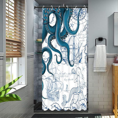 Fungarth Stall Blue Nautical Octopus Shower Curtain Navy Mermaid Funny Ocean Kraken Shower Curtains for Bathroom Cool Anchor Coastal Map Waterproof Fabric Bath Curtain Decor (Blue, 36” x 72”)