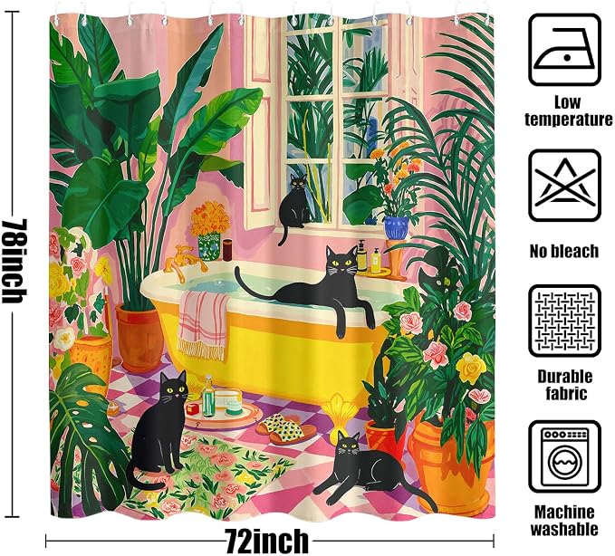 Accnicc Boho Cat Shower Curtain for Bathroom 72 X 78 Inches | Cute Funny Black Cats Matisse Long Shower Curtains, Tropical Plant Bathroom Decor, Water-Resistant Washable Polyester Fabric