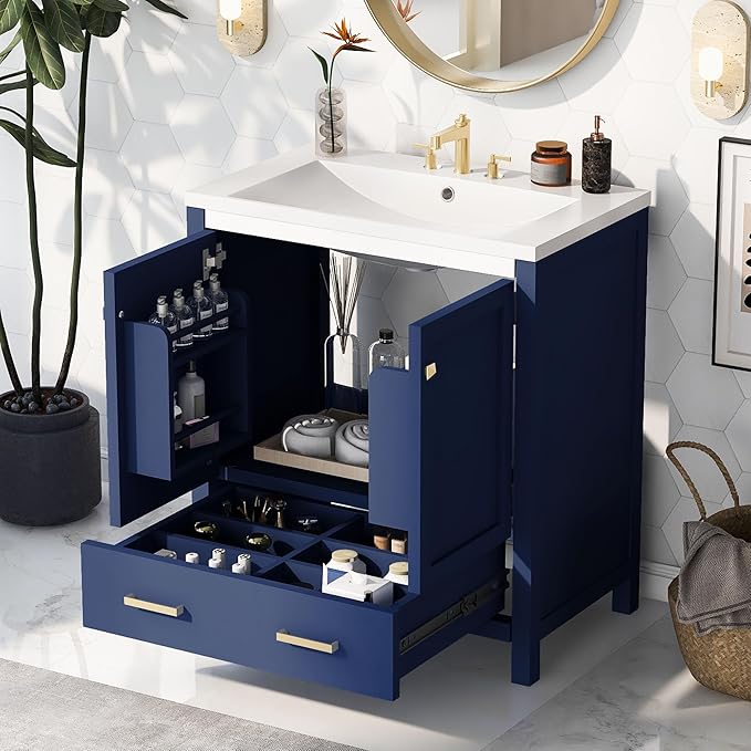 LUMISOL 30" Bathroom Vanity with Sink, Modern Bathroom Sink Cabinet with One Drawer, Soft-Close Doors & Adjustable Shelf, Freestanding Bathroom Storage Cabinet with Undermount Ceramic Sink, Blue