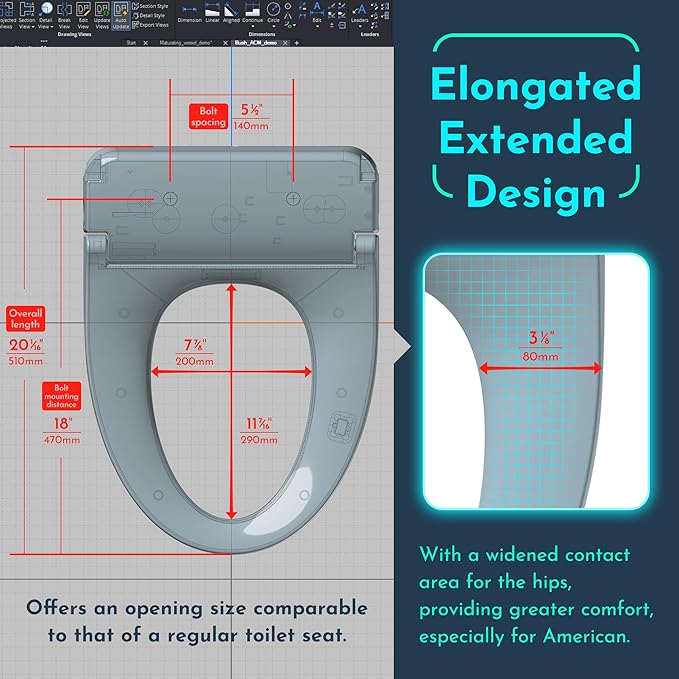 Electric Heated Bidet Warmer Water Toilet Seat Elongated with Bubble Wash, Warm Air Dryer, Endless Warmer Water, Remote Control, Curved Spray Bar, 70" Power Cord, Clean Water