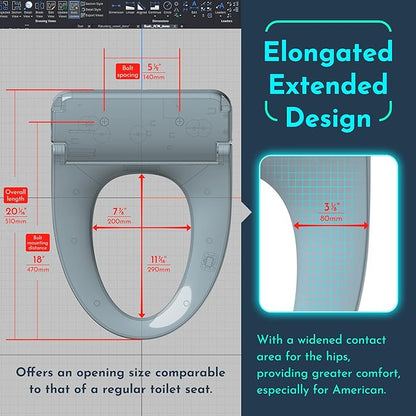 Electric Heated Bidet Warmer Water Toilet Seat Elongated with Bubble Wash, Warm Air Dryer, Endless Warmer Water, Remote Control, Curved Spray Bar, 70" Power Cord, Clean Water