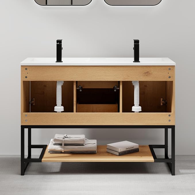 LUCKWIND 48" Modern Bathroom Vanity with Dual White Sink Combo, Freestanding Storage Cabinet with Metal Frame, Matte Black Faucet and Open Shelf and 2 Soft-Closing Door, Natural