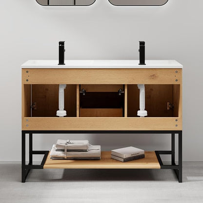LUCKWIND 48" Modern Bathroom Vanity with Dual White Sink Combo, Freestanding Storage Cabinet with Metal Frame, Matte Black Faucet and Open Shelf and 2 Soft-Closing Door, Natural