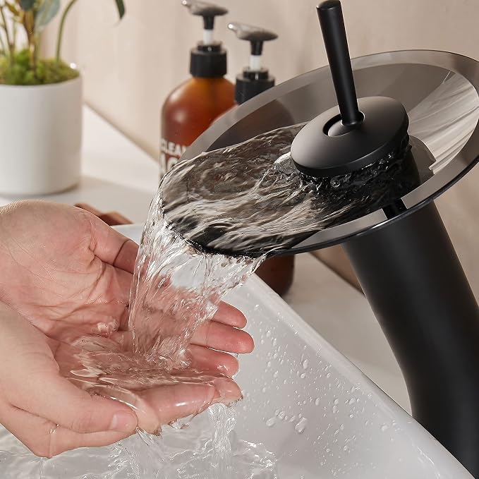 Waterfall Bathroom Faucet Glass Single Handle Solid Brass Basin Lavatory Vessel Sink Vanity Faucet, Tall, Black