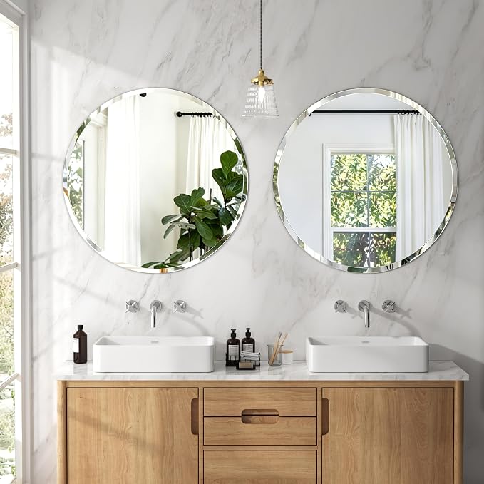32x32 Inch Bathroom Mirrors for Over Sink, Frameless Mirrors for Wall | Beveled Bathroom Mirror, Bathroom Vanity Mirror for Bedroom Living Room Entryway Home Decor