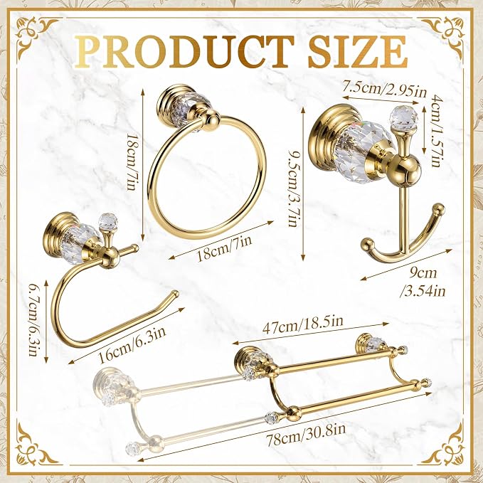 4 Pcs Polished Gold Crystal Bathroom Accessories Set with Adjustable Double Towel Bar & Towel Ring & Toilet Paper Holder & Robe Hook, Wall Mounted Bath Hardware Fixture Set (Style 10)