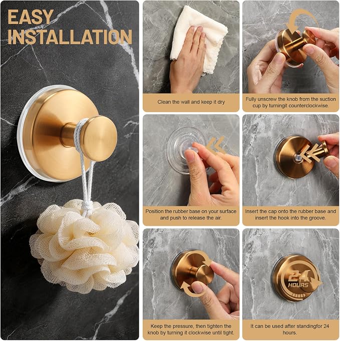 Suction Cup Hooks for Shower No-Drill Bathroom Hooks for Towels, Robes, Loofah Mountable on Bathroom Walls, Kitchen, Glass, Mirrors, Tile and Smooth,Non-Porous Surfaces (2, Champagne Bronze)