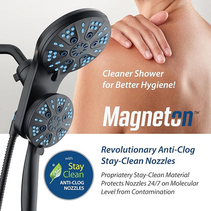 AquaCare Magneton 48-Mode High Pressure Rain & Handheld Shower Head Combo | Space-age Magnetic Guidance Docking, Dual 6-mode Heads with Hygienic Jets, Extra-long 6 ft. Stainless Steel Hose / Black